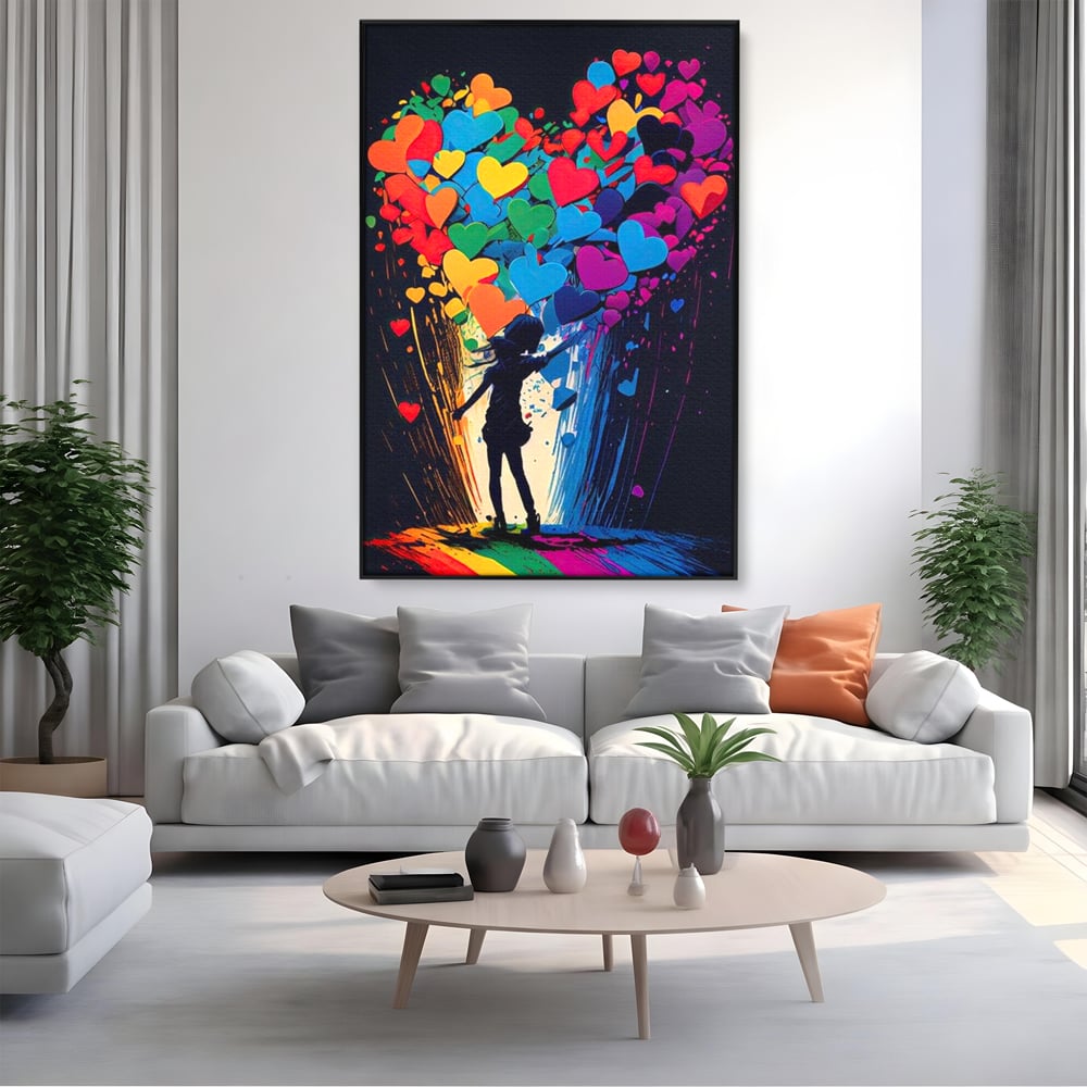 Tablou canvas cu tablou canvas cu silueta si inimi colorate, in rama de aluminiu negru, pe perete intr-un living
